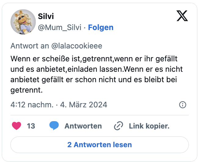 Wenn er scheiße ist,getrennt,wenn er ihr gefällt und es anbietet,einladen lassen.Wenn er es nicht anbietet gefällt er schon nicht und es bleibt bei getrennt.
— Silvi (@Mum_Silvi) March 4, 2024
