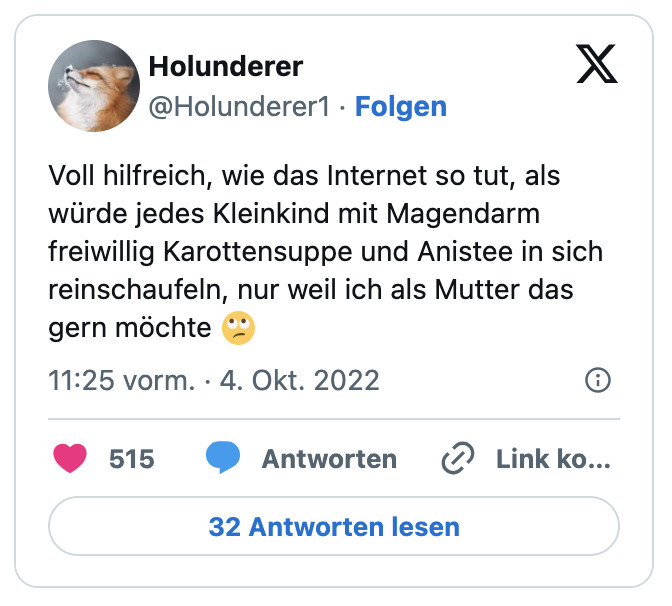 Voll hilfreich, wie das Internet so tut, als würde jedes Kleinkind mit Magendarm freiwillig Karottensuppe und Anistee in sich reinschaufeln, nur weil ich als Mutter das gern möchte 🙄
