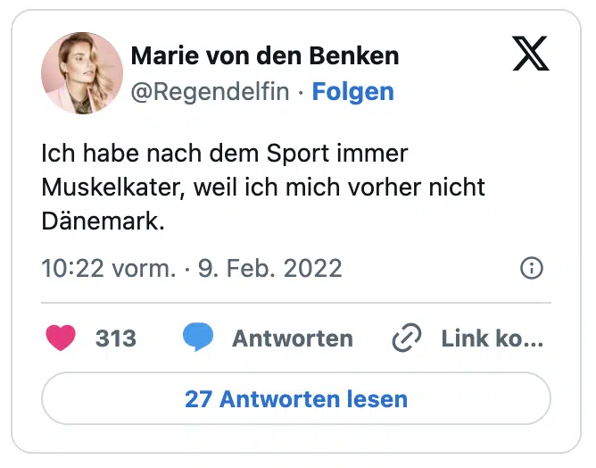 Ich habe nach dem Sport immer Muskelkater, weil ich mich vorher nicht Dänemark.