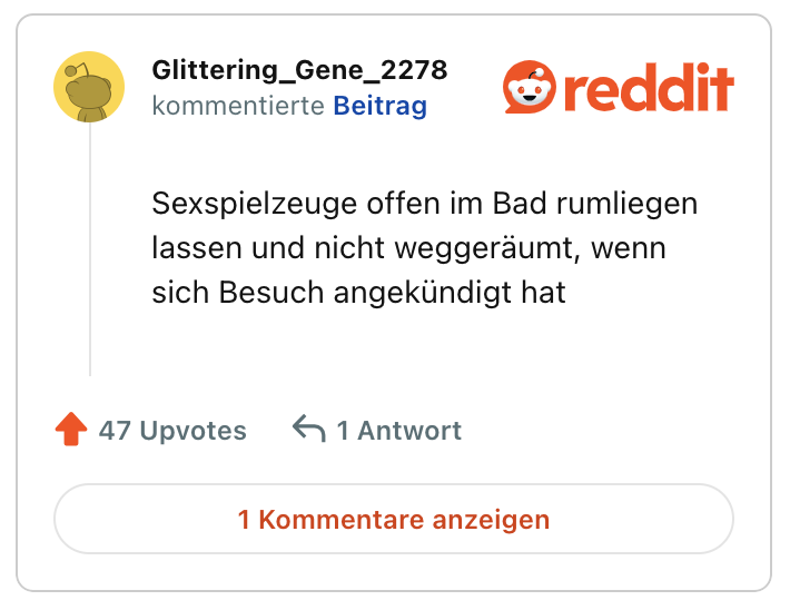 Sexspielzeuge offen im Bad rumliegen lassen und nicht weggeräumt, wenn sich Besuch angekündigt hat