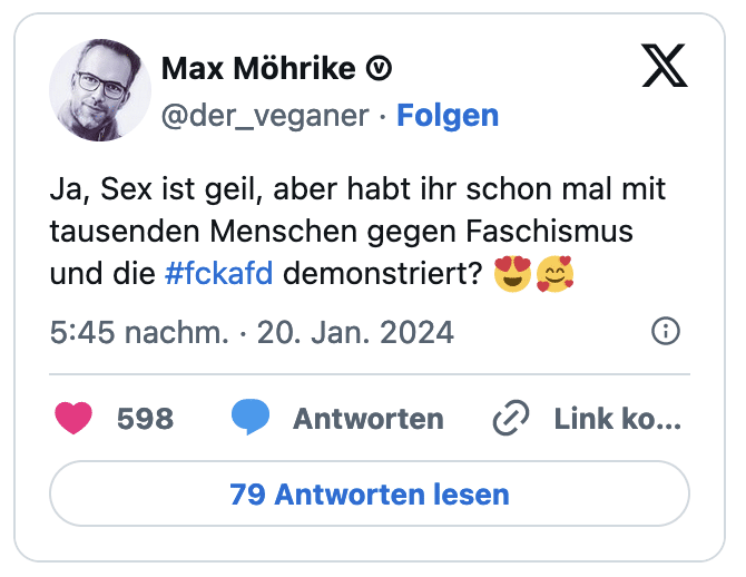 Ja, Sex ist geil, aber habt ihr schon mal mit tausenden Menschen gegen Faschismus und die #fckafd demonstriert?