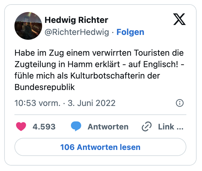 Habe im Zug einem verwirrten Touristen die Zugteilung in Hamm erklärt - auf Englisch! - fühle mich als Kulturbotschafterin der Bundesrepublik
