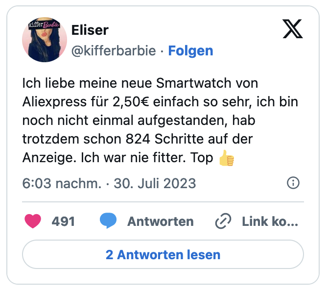 Ich liebe meine neue Smartwatch von Aliexpress für 2,50€ einfach so sehr, ich bin noch nicht einmal aufgestanden, hab trotzdem schon 824 Schritte auf der Anzeige. Ich war nie fitter