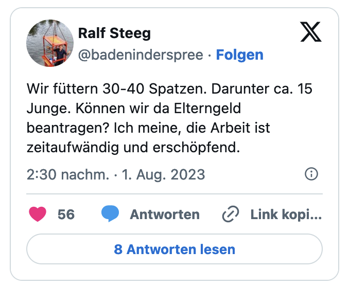 Wir füttern 30-40 Spatzen. Darunter ca. 15 Junge. Können wir da Elterngeld beantragen? Ich meine, die Arbeit ist zeitaufwändig und erschöpfend