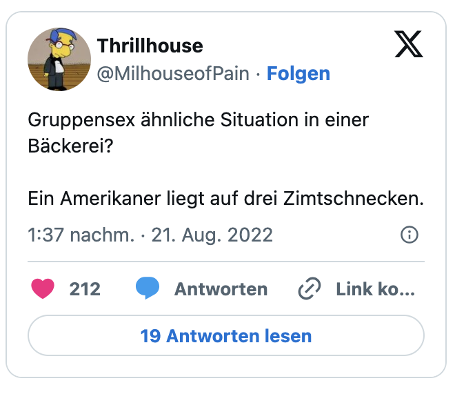 Gruppensex ähnliche Situation in einer Bäckerei? 

Ein Amerikaner liegt auf drei Zimtschnecken.