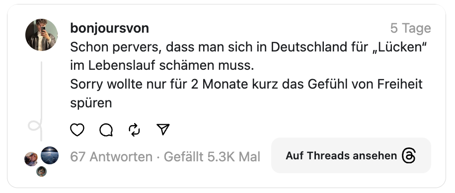 Schon pervers, dass man sich in Deutschland für „Lücken“ im Lebenslauf schämen muss. Sorry wollte nur für 2 Monate kurz das Gefühl von Freiheit spüren

