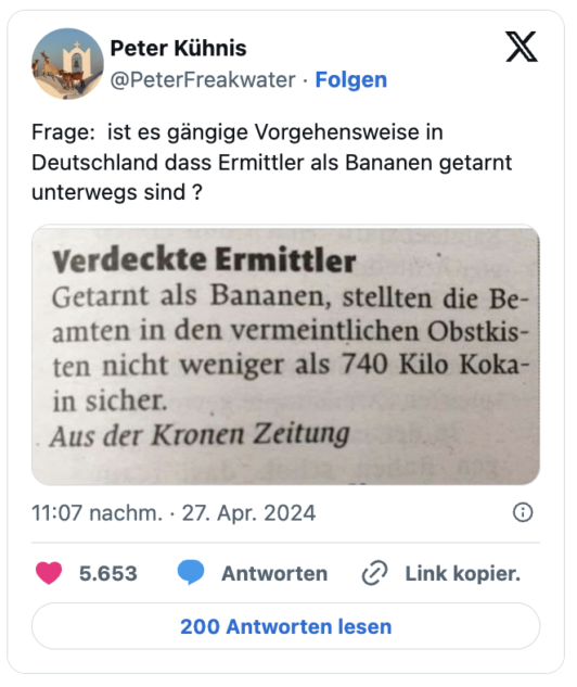 Frage: ist es gängige Vorgehensweise in Deutschland dass Ermittler als Bananen getarnt unterwegs sind ? pic.twitter.com/mOercn5uyy
— Peter Kühnis (@PeterFreakwater)
