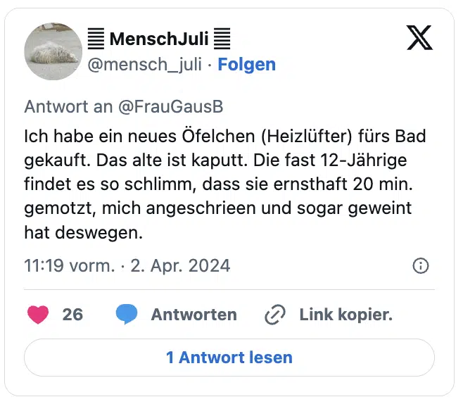 Ich habe ein neues Öfelchen (Heizlüfter) fürs Bad gekauft. Das alte ist kaputt. Die fast 12-Jährige findet es so schlimm, dass sie ernsthaft 20 min. gemotzt, mich angeschrieen und sogar geweint hat deswegen.
—  MenschJuli  (@mensch_juli)
