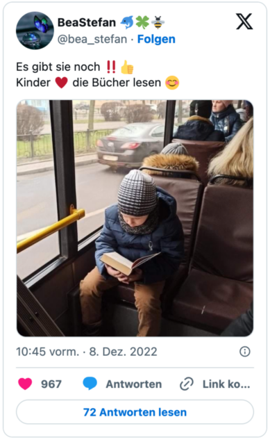 Es gibt sie noch ‼️👍
Kinder ♥️ die Bücher lesen 😊