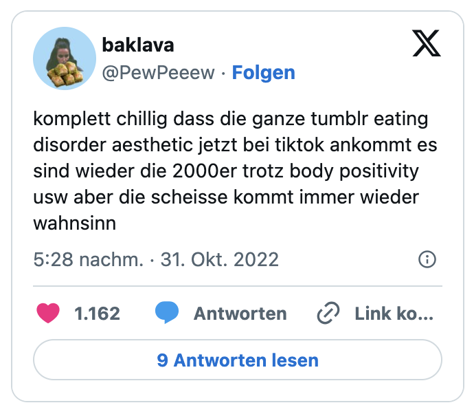 komplett chillig dass die ganze tumblr eating disorder aesthetic jetzt bei tiktok ankommt es sind wieder die 2000er trotz body positivity usw aber die scheisse kommt immer wieder wahnsinn