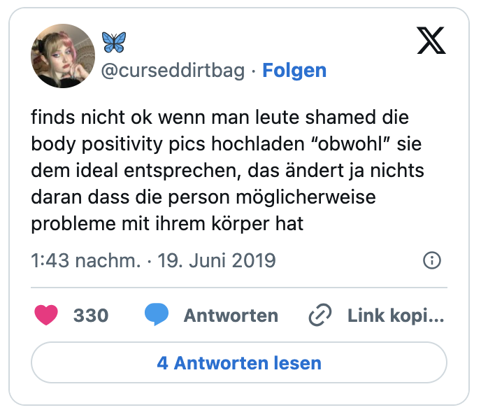 finds nicht ok wenn man leute shamed die body positivity pics hochladen “obwohl” sie dem ideal entsprechen, das ändert ja nichts daran dass die person möglicherweise probleme mit ihrem körper hat
