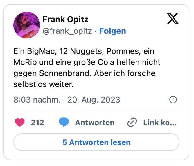 Ein BigMac, 12 Nuggets, Pommes, ein McRib und eine große Cola helfen nicht gegen Sonnenbrand. Aber ich forsche selbstlos weiter.