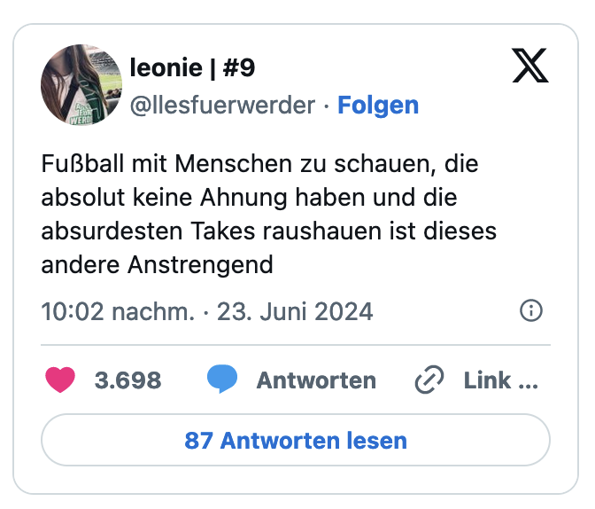 Fußball mit Menschen zu schauen, die absolut keine Ahnung haben und die absurdesten Takes raushauen ist dieses andere Anstrengend