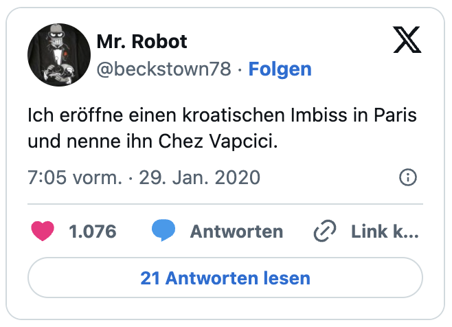 Ich eröffne einen kroatischen Imbiss in Paris und nenne ihn Chez Vapcici.