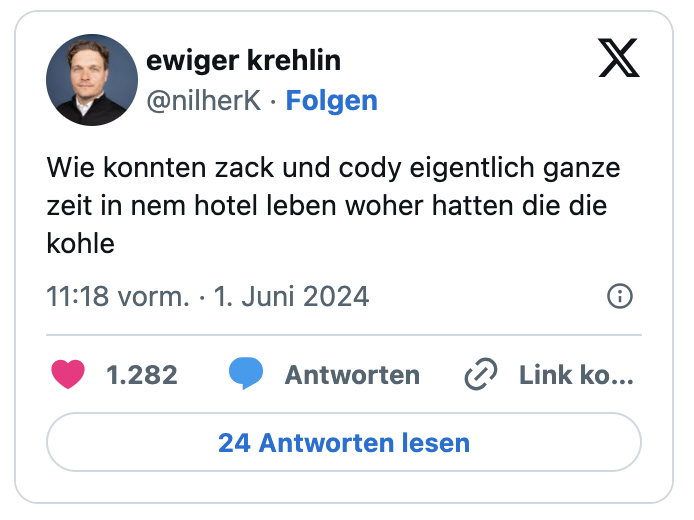 Wie konnten zack und cody eigentlich ganze zeit in nem hotel leben woher hatten die die kohle
