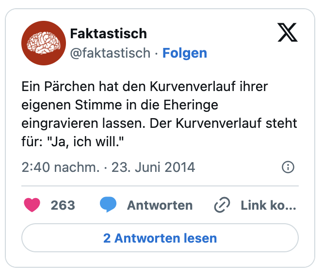 Ein Pärchen hat den Kurvenverlauf ihrer eigenen Stimme in die Eheringe eingravieren lassen. Der Kurvenverlauf steht für: "Ja, ich will."
