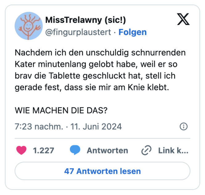 Nachdem ich den unschuldig schnurrenden Kater minutenlang gelobt habe, weil er so brav die Tablette geschluckt hat, stell ich gerade fest, dass sie mir am Knie klebt.

WIE MACHEN DIE DAS?