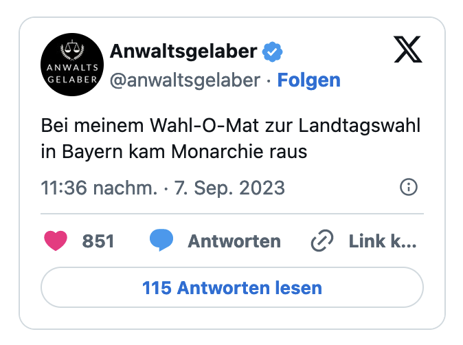 Bei meinem Wahl-O-Mat zur Landtagswahl in Bayern kam Monarchie raus 1