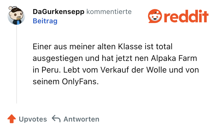 Einer aus meiner alten Klasse ist total ausgestiegen und hat jetzt nen Alpaka Farm in Peru. Lebt vom Verkauf der Wolle und von seinem OnlyFans.