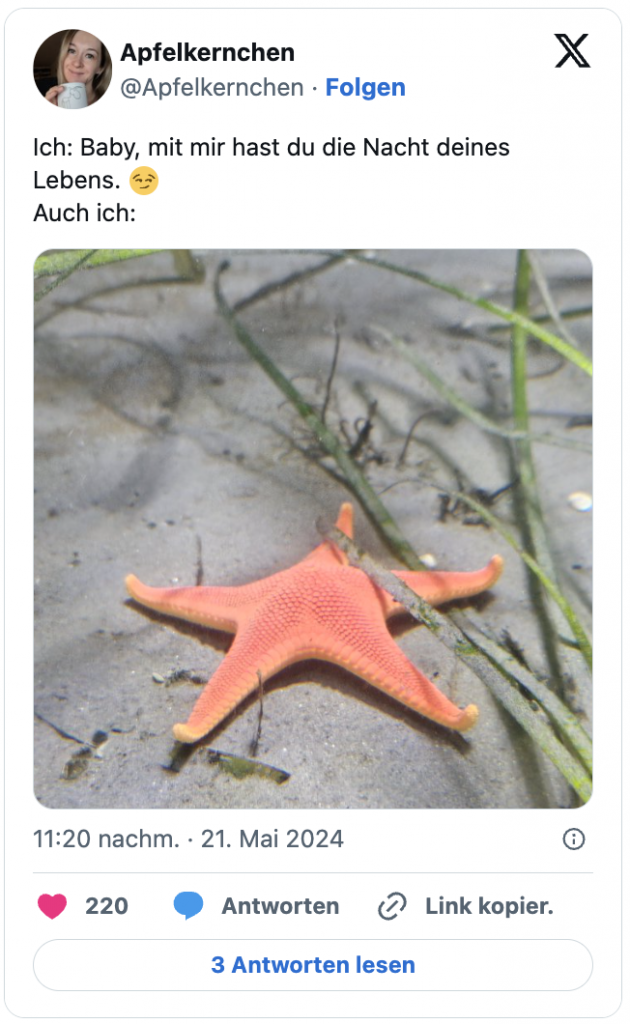 Ich: Baby, mit mir hast du die Nacht deines Lebens. 😏
Auch ich: