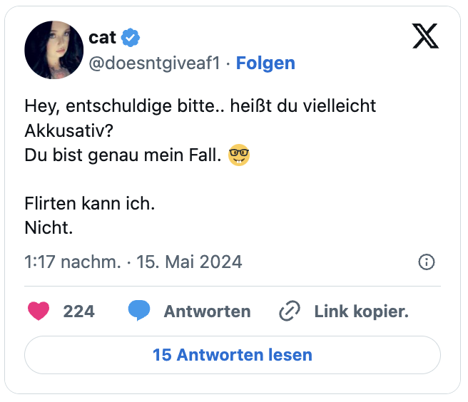 Hey, entschuldige bitte.. heißt du vielleicht Akkusativ?
Du bist genau mein Fall. 🤓

Flirten kann ich.
Nicht.