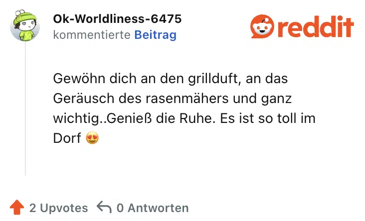 Gewöhn dich an den grillduft, an das Geräusch des rasenmähers und ganz wichtig..Genieß die Ruhe. Es ist so toll im Dorf 😍