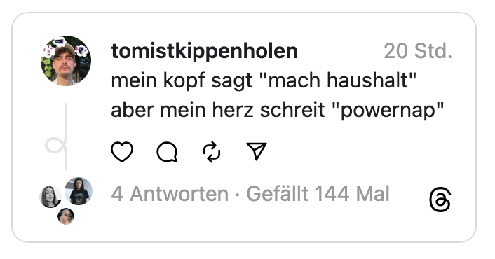 mein kopf sagt "mach haushalt" aber mein herz schreit "powernap"
