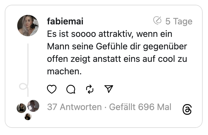 Es ist soooo attraktiv, wenn ein Mann seine Gefühle dir gegenüber offen zeigt anstatt eins auf cool zu machen.