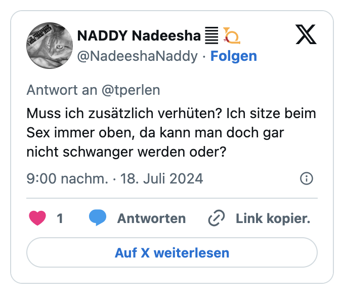 Muss ich zusätzlich verhüten? Ich sitze beim Sex immer oben, da kann man doch gar nicht schwanger werden oder?