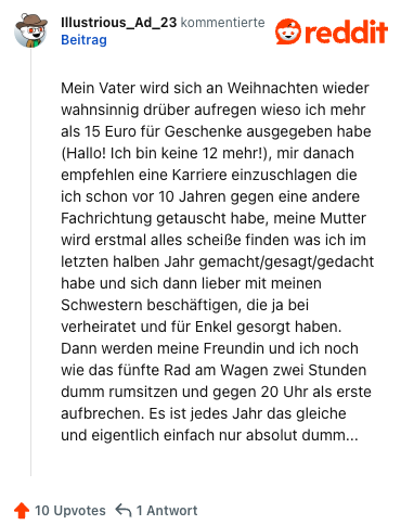 Mein Vater wird sich an Weihnachten wieder wahnsinnig drüber aufregen wieso ich mehr als 15 Euro für Geschenke ausgegeben habe (Hallo! Ich bin keine 12 mehr!), mir danach empfehlen eine Karriere einzuschlagen die ich schon vor 10 Jahren gegen eine andere Fachrichtung getauscht habe, meine Mutter wird erstmal alles scheiße finden was ich im letzten halben Jahr gemacht/gesagt/gedacht habe und sich dann lieber mit meinen Schwestern beschäftigen, die ja bei verheiratet und für Enkel gesorgt haben. Dann werden meine Freundin und ich noch wie das fünfte Rad am Wagen zwei Stunden dumm rumsitzen und gegen 20 Uhr als erste aufbrechen. Es ist jedes Jahr das gleiche und eigentlich einfach nur absolut dumm...