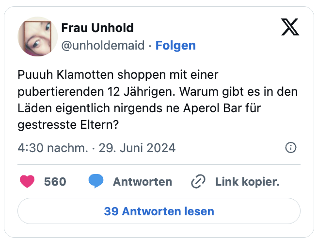 Puuuh Klamotten shoppen mit einer pubertierenden 12 Jährigen. Warum gibt es in den Läden eigentlich nirgends ne Aperol Bar für gestresste Eltern?