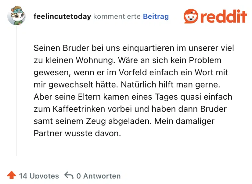 Seinen Bruder bei uns einquartieren im unserer viel zu kleinen Wohnung. Wäre an sich kein Problem gewesen, wenn er im Vorfeld einfach ein Wort mit mir gewechselt hätte. Natürlich hilft man gerne. Aber seine Eltern kamen eines Tages quasi einfach zum Kaffeetrinken vorbei und haben dann Bruder samt seinem Zeug abgeladen. Mein damaliger Partner wusste davon.
