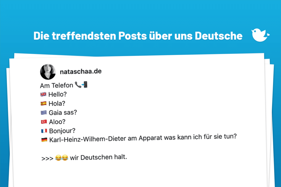 Am Telefon 📞📲 🇬🇧 Hello? 🇪🇦 Hola? 🇬🇷 Gaia sas? 🇹🇷 Aloo? 🇨🇵 Bonjour? 🇩🇪 Karl-Heinz-Wilhem-Dieter am Apparat was kann ich für sie tun? >>> 😂😂 wir Deutschen halt.