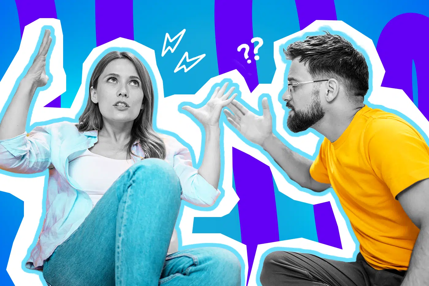 Humorvolle Collage zum Thema Mansplaining: Eine genervte Frau in Schwarz-Weiß rollt vielsagend die Augen und wirft resigniert die Hände in die Luft. Rechts daneben lehnt sich ein Mann mit Brille in einem leuchtend gelben T-Shirt gestikulierend nach vorne, als würde er ihr gerade ungefragt die Welt erklären. Weiße Blitz- und Fragezeichen-Icons zwischen den beiden sowie das Pop-Art-Motiv vor einem blau-violetten Wellen-Hintergrund visualisieren humorvoll die pure Frustration über besserwisserische Männer und ungefragte Ratschläge.