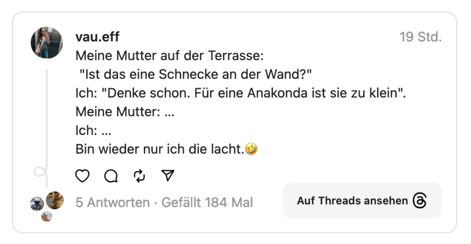 Meine Mutter auf der Terrasse: "Ist das eine Schnecke an der Wand?" Ich: "Denke schon. Für eine Anakonda ist sie zu klein". Meine Mutter: ... Ich: ... Bin wieder nur ich die lacht.&