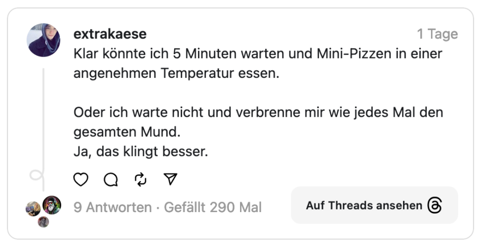 Klar könnte ich 5 Minuten warten und Mini-Pizzen in einer angenehmen Temperatur essen. Oder ich warte nicht und verbrenne mir wie jedes Mal den gesamten Mund. Ja, das klingt besser.