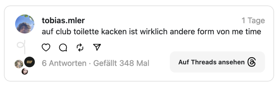 auf club toilette kacken ist wirklich andere form von me time