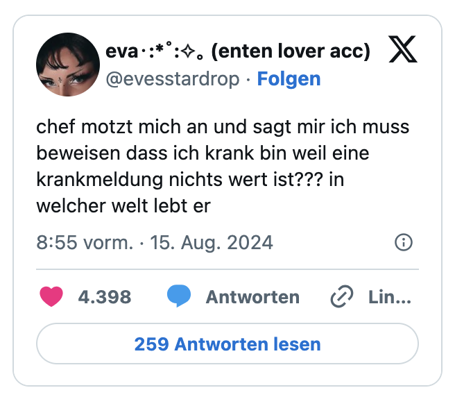 chef motzt mich an und sagt mir ich muss beweisen dass ich krank bin weil eine krankmeldung nichts wert ist??? in welcher welt lebt er
