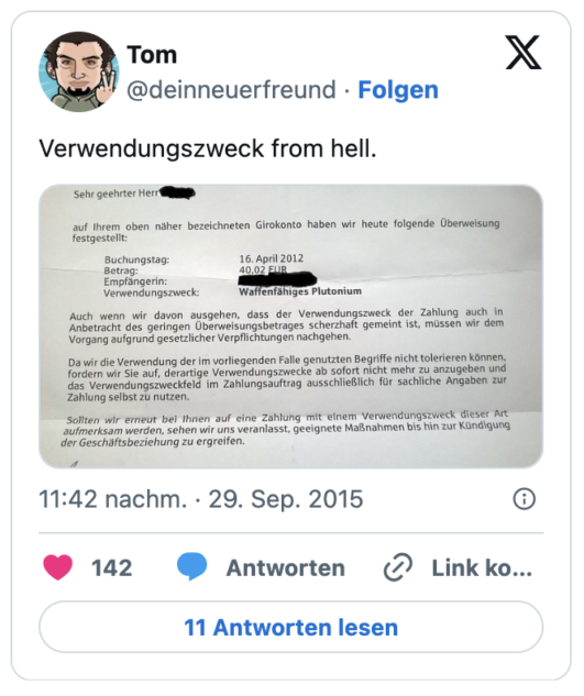 Verwendungszweck from hell.
