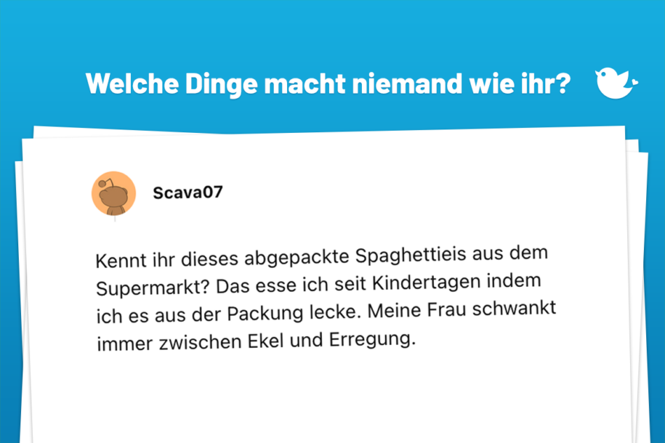 Kennt ihr dieses abgepackte Spaghettieis aus dem Supermarkt? Das esse ich seit Kindertagen indem ich es aus der Packung lecke. Meine Frau schwankt immer zwischen Ekel und Erregung