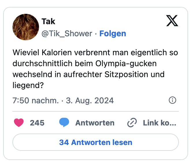 Wieviel Kalorien verbrennt man eigentlich so durchschnittlich beim Olympia-gucken wechselnd in aufrechter Sitzposition und liegend?