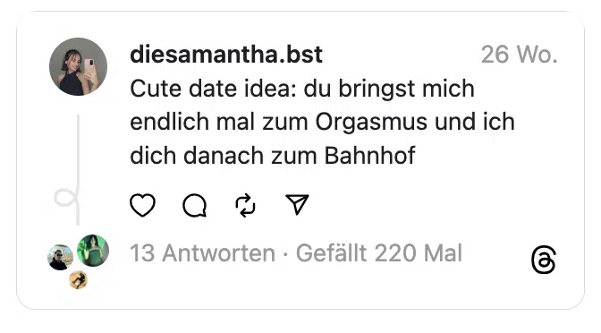 Cute date idea: du bringst mich endlich mal zum Orgasmus und ich dich danach zum Bahnhof
