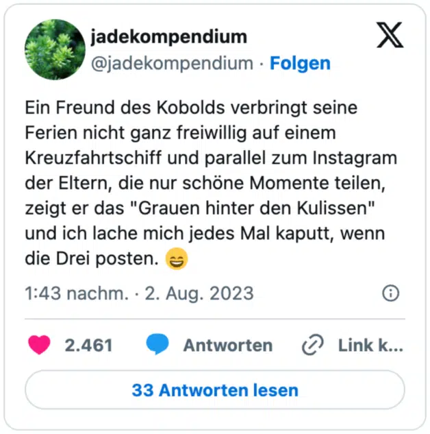 Ein Freund des Kobolds verbringt seine Ferien nicht ganz freiwillig auf einem Kreuzfahrtschiff und parallel zum Instagram der Eltern, die nur schöne Momente teilen, zeigt er das "Grauen hinter den Kulissen" und ich lache mich jedes Mal kaputt, wenn die Drei posten. 😄