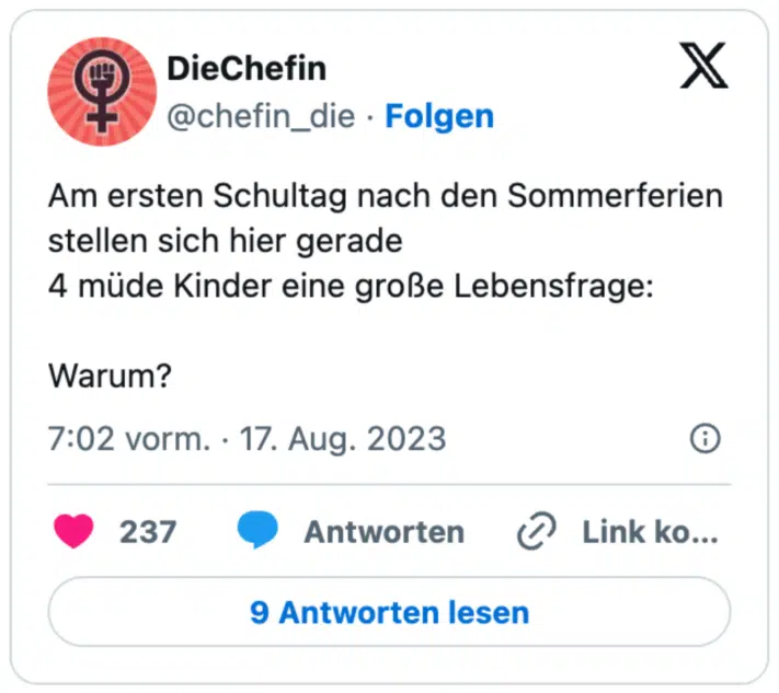 Am ersten Schultag nach den Sommerferien stellen sich hier gerade
4 müde Kinder eine große Lebensfrage:

Warum?