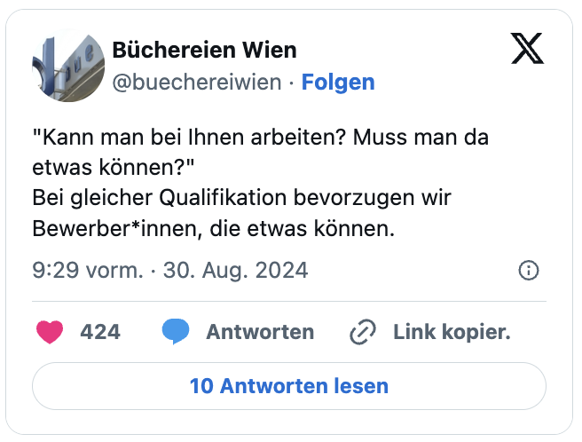 "Kann man bei Ihnen arbeiten? Muss man da etwas können?"
Bei gleicher Qualifikation bevorzugen wir Bewerber*innen, die etwas können.