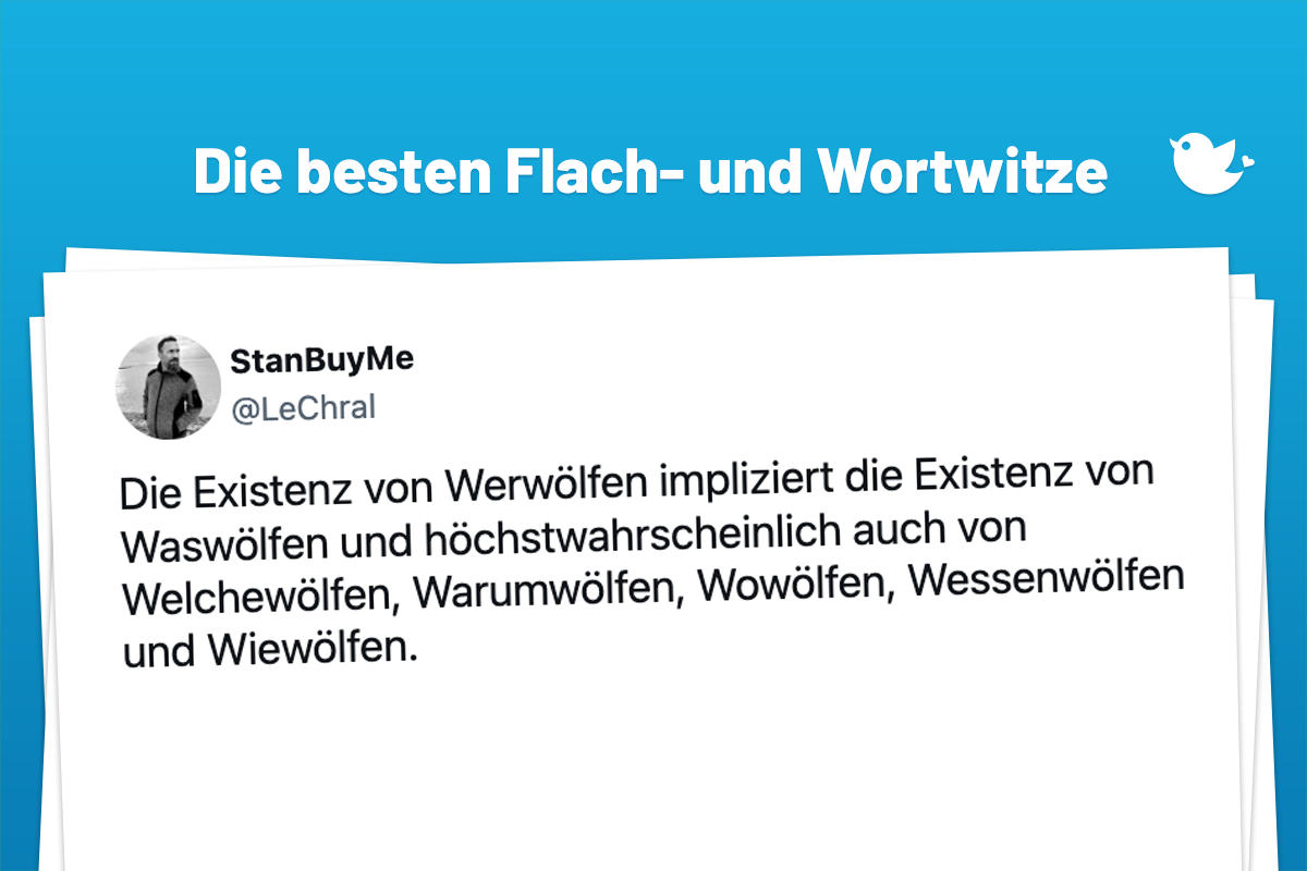 Die besten Flach- und Wortwitze: Die Existenz von Werwölfen impliziert die Existenz von Waswölfen und höchstwahrscheinlich auch von Welchewölfen, Warumwölfen, Wowölfen, Wessenwölfen und Wiewölfen.