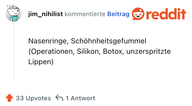 Nasenringe, Schöhnheitsgefummel (Operationen, Silikon, Botox, unzerspritzte Lippen)