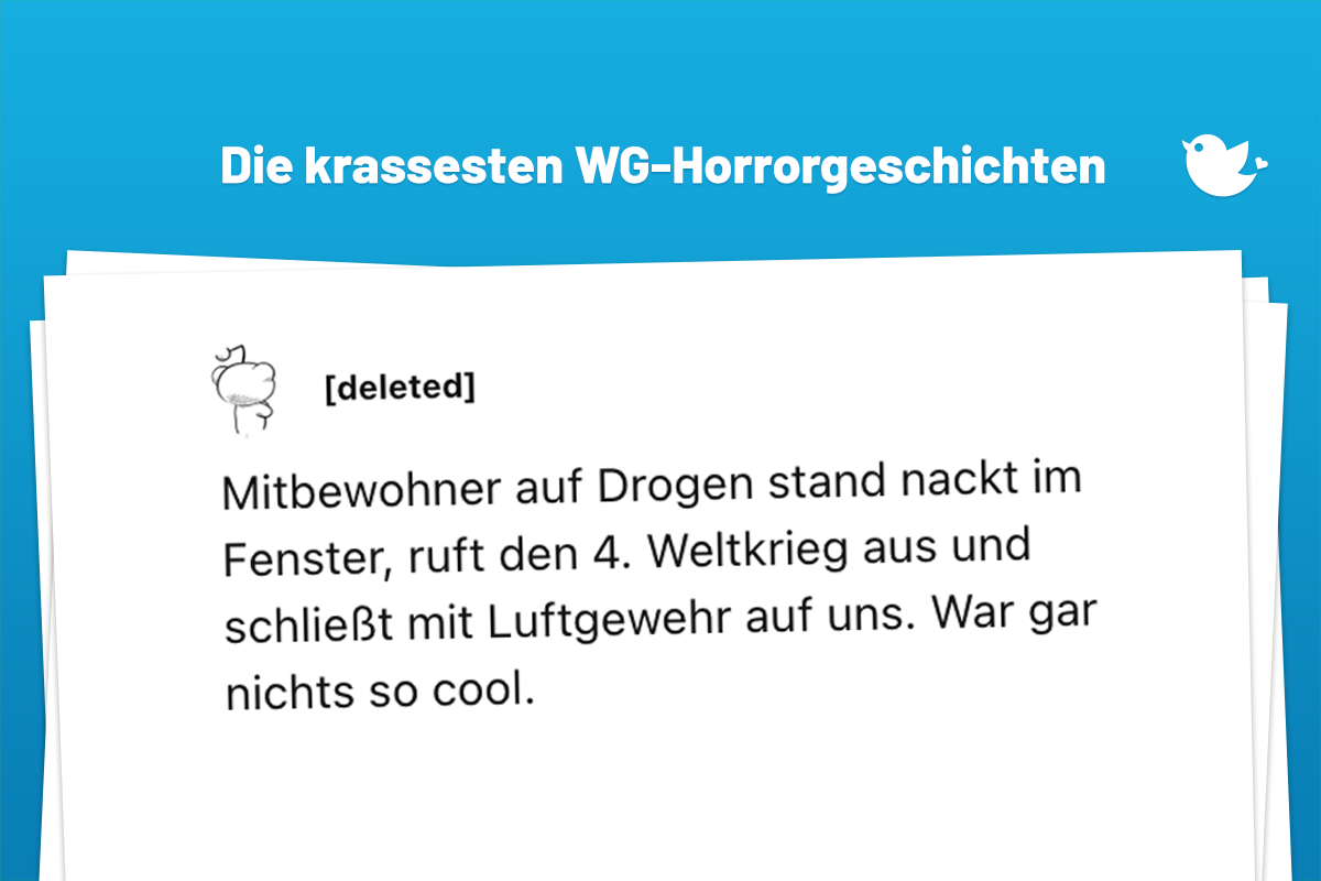 Mitbewohner auf Drogen stand nackt im Fenster, ruft den 4. Weltkrieg aus und schließt mit Luftgewehr auf uns. War gar nichts so cool.