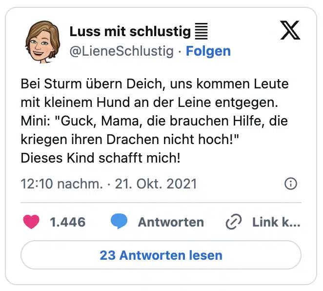 Bei Sturm übern Deich, uns kommen Leute mit kleinem Hund an der Leine entgegen.
Mini: "Guck, Mama, die brauchen Hilfe, die kriegen ihren Drachen nicht hoch!"
Dieses Kind schafft mich!