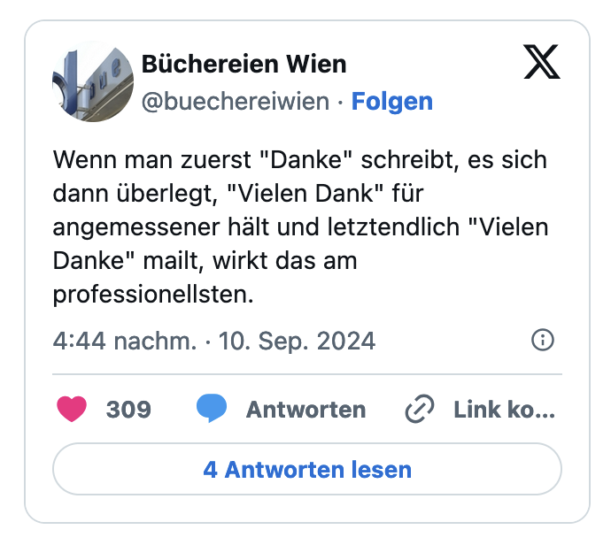 Wenn man zuerst "Danke" schreibt, es sich dann überlegt, "Vielen Dank" für angemessener hält und letztendlich "Vielen Danke" mailt, wirkt das am professionellsten.